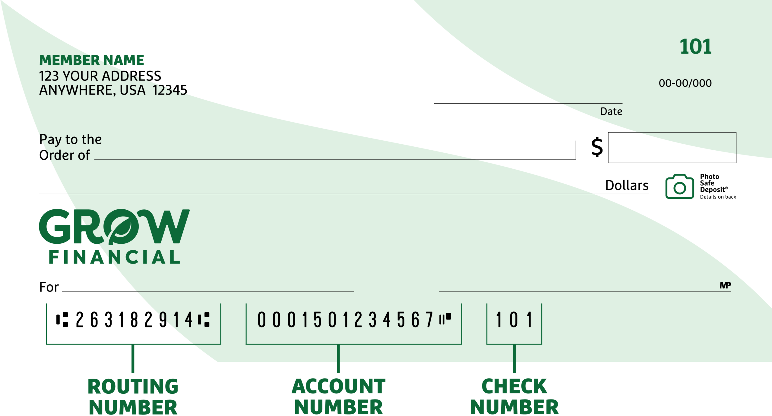 Grow Financial check depicting routing, account, and check number