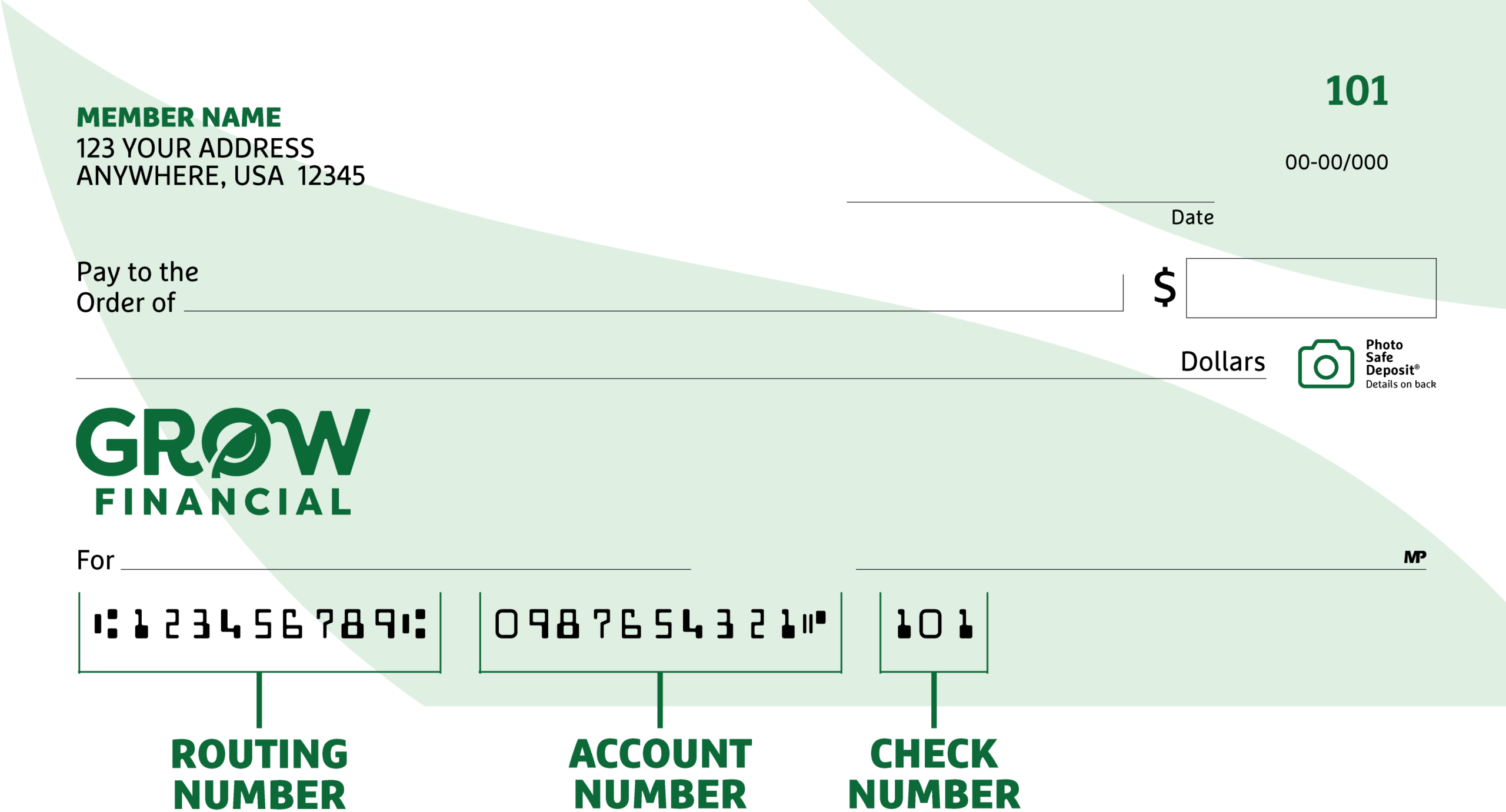 Grow Financial check depicting routing, account, and check number