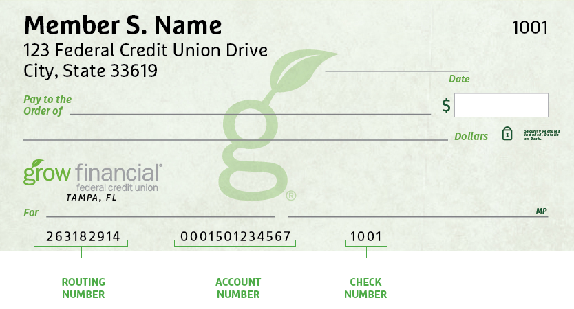 Grow Financial check depicting routing, account, and check number