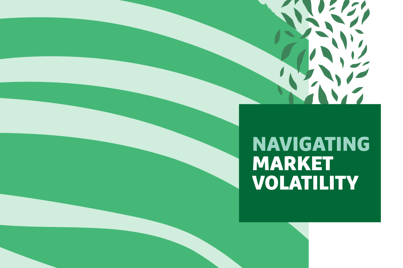 "Navigating Market Volatility" text over stripe graphic
