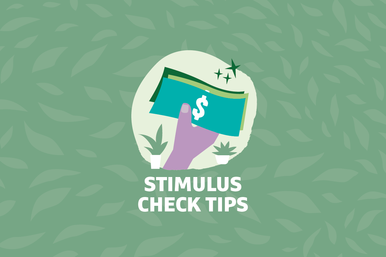 Graphic of hand holding a dollar bill with "Stimulus Check Tips" text overlayed