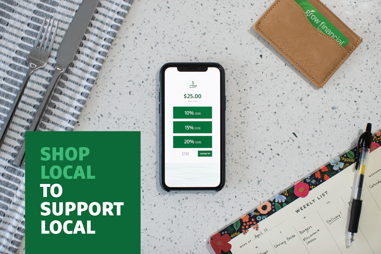 Cell Phone on a counter with "Shop Local to Support Local" text overlayed
