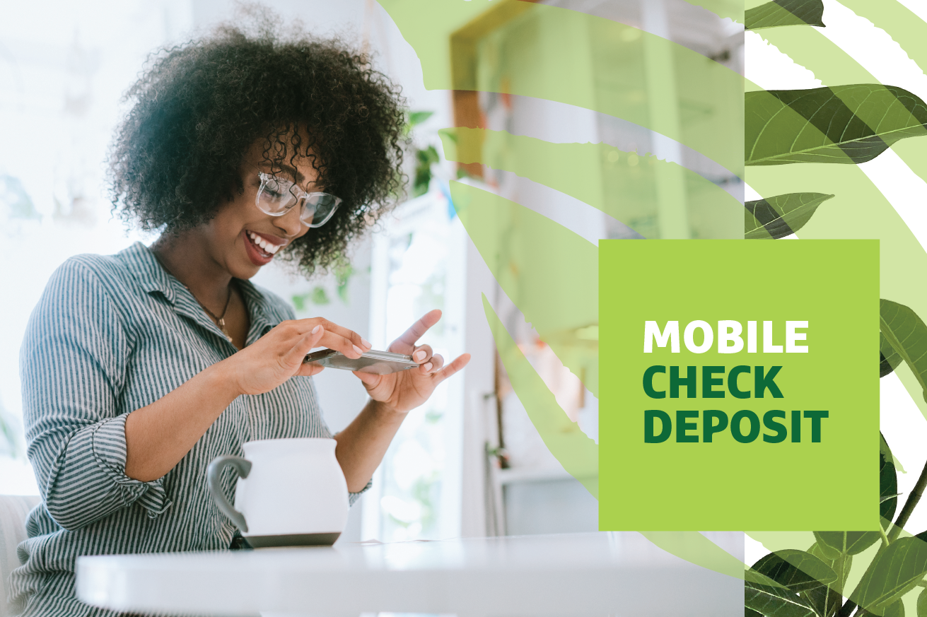 Woman completes a mobile check deposit with her phone with "Mobile Check Deposit" text overlayed