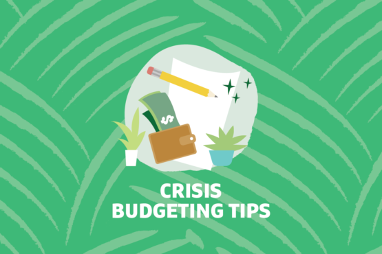 Graphic of wallet, dollar bill, paper and pencil with "Crisis Budgeting Tips" text