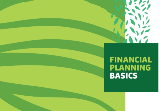 "Financial Planning Basics" text over graphic of large leaf