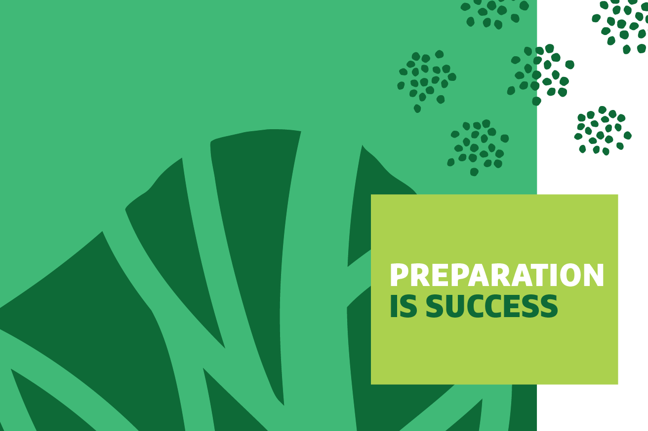 "Preparation is Success" text over graphic of leaves