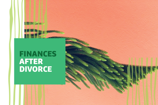 "Finances After Divorce" text over graphic of leaves