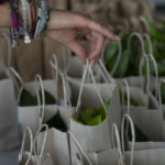 Hand picking up a gift bag