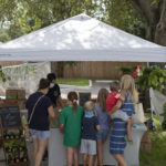 Family browsing product selection at farmer's market tent