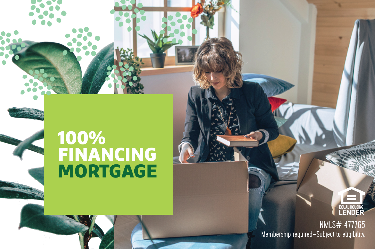 "100% Financing Mortgage" text overlayed on image of woman sitting on a couch working at a laptop with a book in her hand