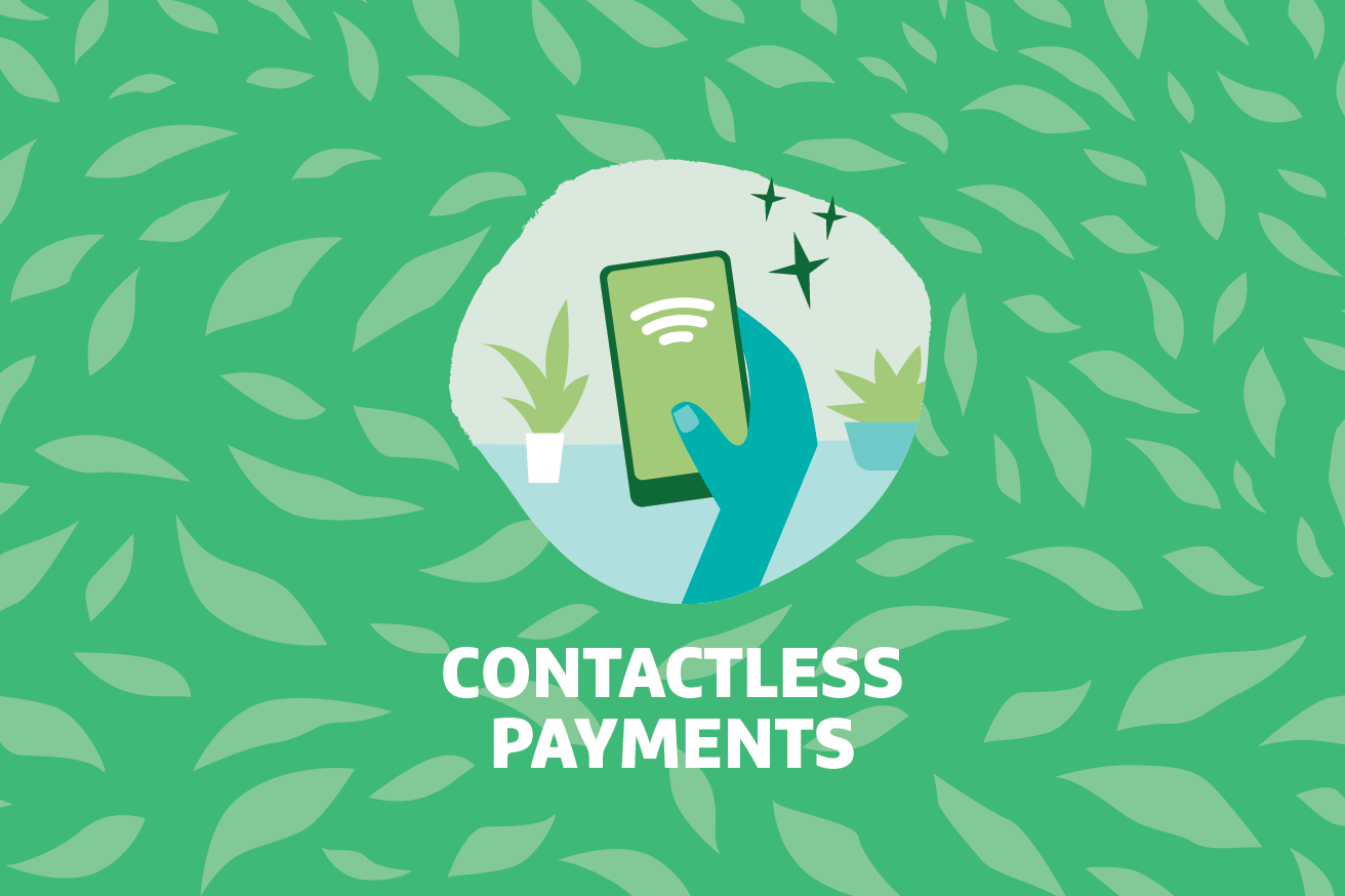 "Contactless Payments" text on graphic of hand holding a phone