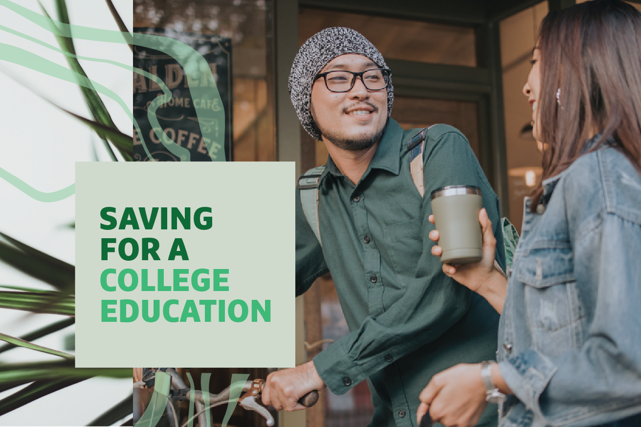 "Saving For a College Education" text over image of a man and woman talking and drinking coffee