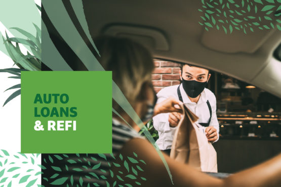 "Auto Loans & Refi" text over image of man handing a bag to a woman through a car window