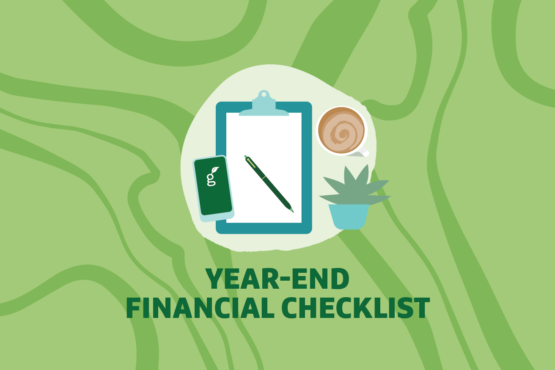 "Year-End Financial Checklist" text over graphic of clipboard and pen
