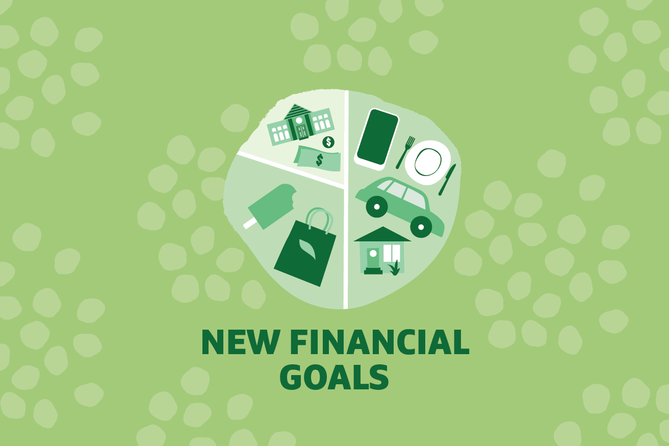 "New Financial Goals" text over graphic of car, home, shopping bag and dollar bill