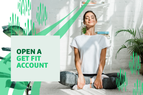 "Open a Get Fit Account" text over image of a woman doing yoga