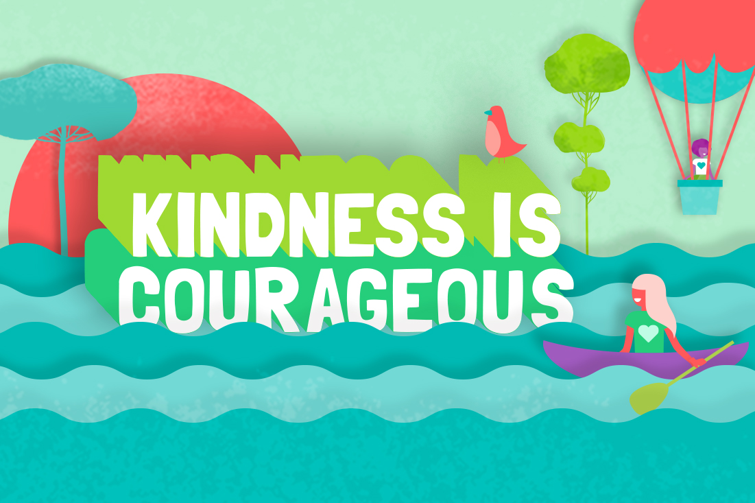 "Kindness is Courageous" text over graphic of woman in a canoe on waves