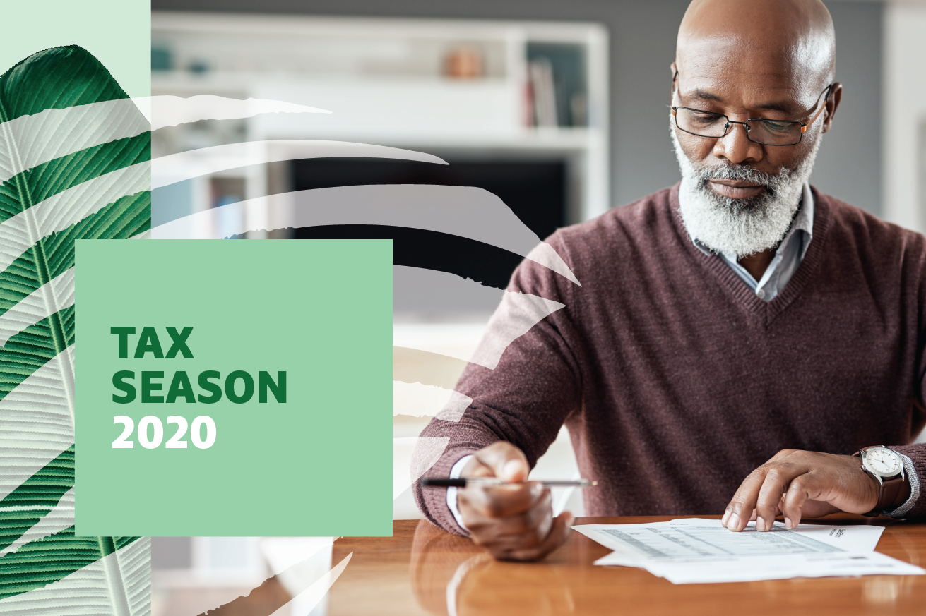 "Tax Season 2020" text over photo of a man reading documents