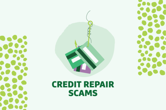 Graphic of 3 credit cards on a hook with "Credit Repair Scams" text overlayed