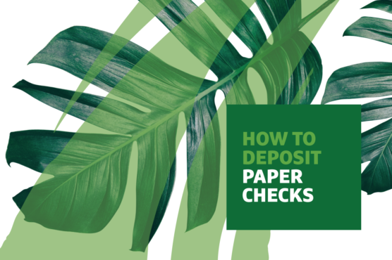 "How To Deposit Paper Checks" text over image of leaf