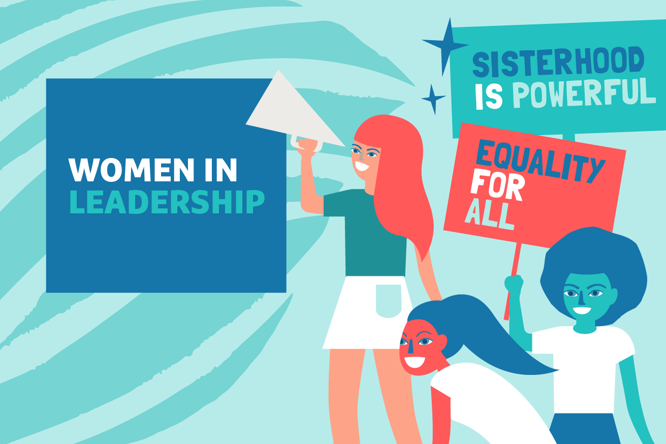 Graphic of woman holding a megaphone with "Women in Leadership" text overlayed
