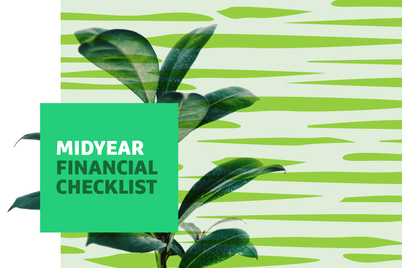 Plant image with green stripes and "Midyear Financial Checklist" text overlayed