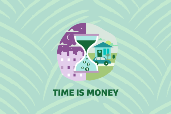 Graphic of an hourglass in front of a house and city with "Time Is Money" text overlayed