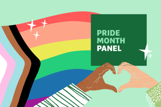 Graphic of LGBTQ+ flag with hands making a heart and "Pride Month Panel" text overlayed