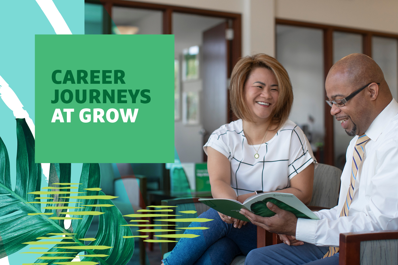 A man and woman smiling at a book in a work setting with "Career Journeys at Grow" text overlayed