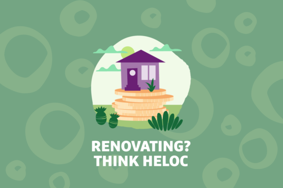 Purple house graphic with "Renovating? Think HELOC" text overlayed