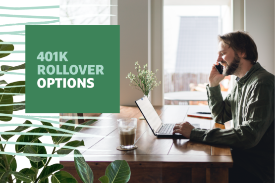 Man sitting at a desk talking on the phone while working on a laptop with "401K Rollover Options" text overlayed