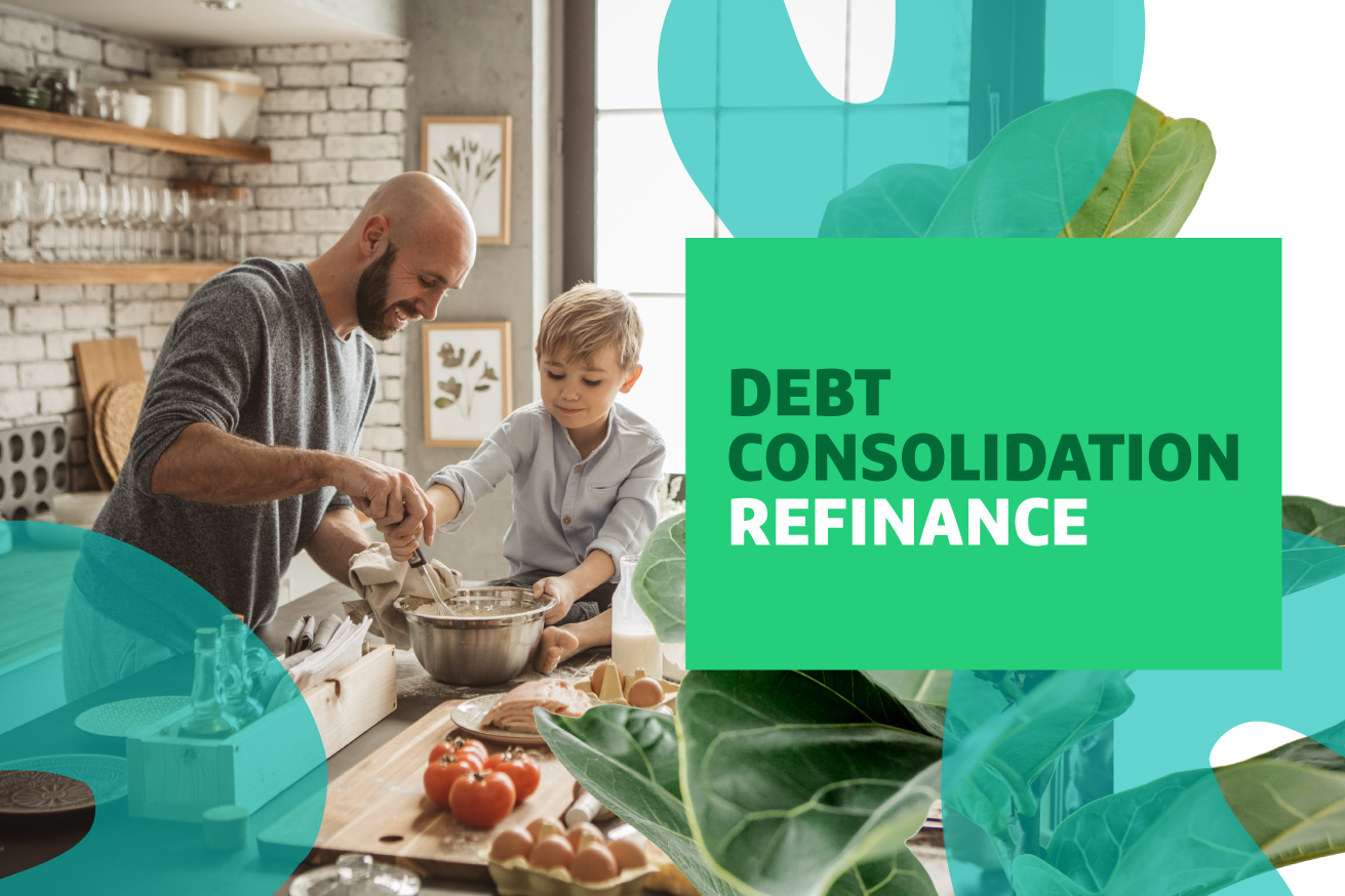 Image of a father and son cooking together with "Debt Consolidation Refinance" text overlayed