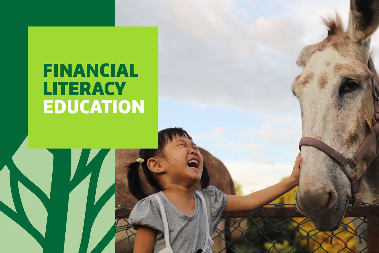 "Financial Literacy Education" text over image of child smiling and petting a horse