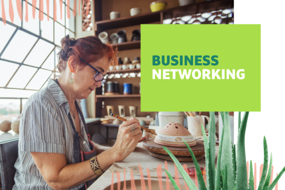 Woman sitting at a table making pottery with Business Networking text overlayed
