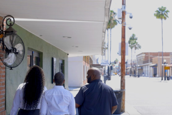 7th and Grove owners Dr. Jamaris Glenn, Dr. Vondalyn Wright and Khalilaa McDuffie walk together outside their restaurant