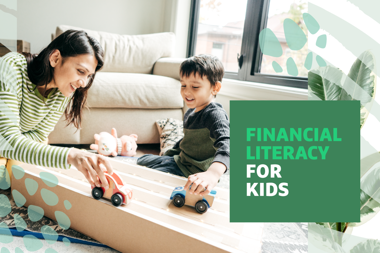 Mom playing with toy cars with her son with "Financial Literacy for Kids" text overlayed