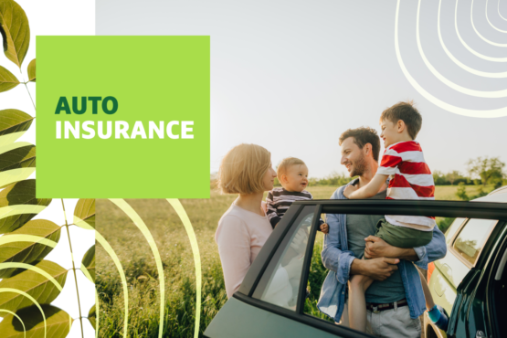 "Auto Insurance" text over image of parents and their two kids standing by a car