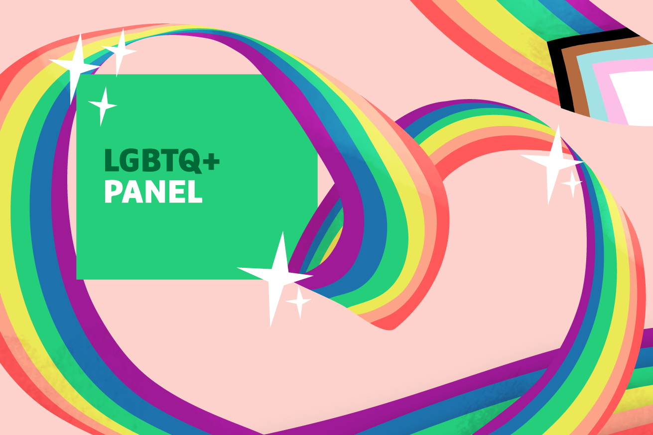 "LGBTQ+ Panel" text over pink background with rainbow ribbon flowing across