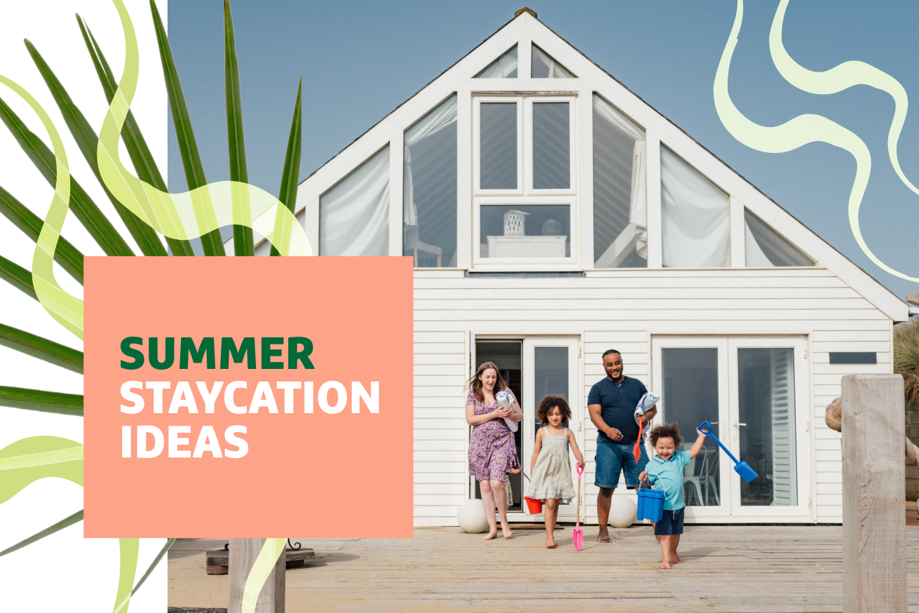 Beach house with family standing outside with Summer Staycation Ideas text overlayed