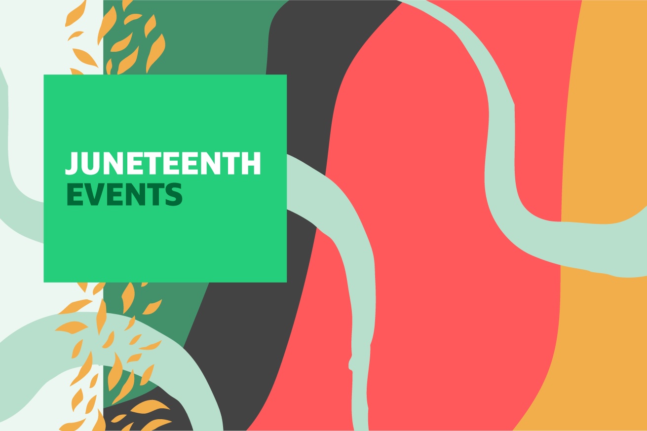 "Juneteenth Events" text over graphic of green, black, red and orange stripes