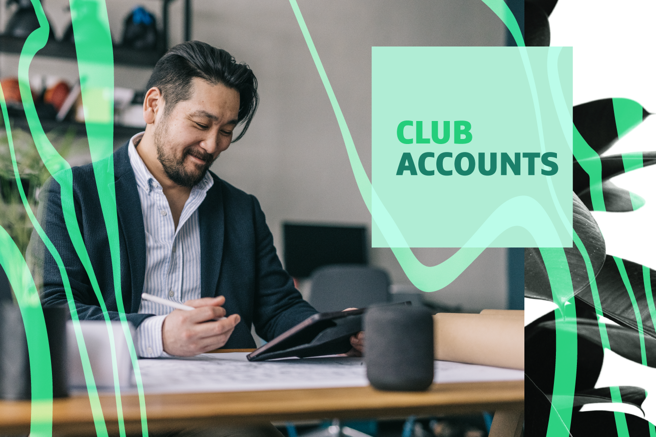 "Club Accounts" text over image of a man sitting at a desk writing on a tablet