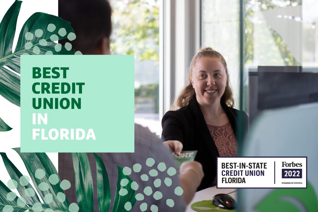 Grow Financial team member smiles while working with a member with Best Credit Union in Florida text overlayed