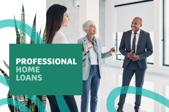 Three people in business professional attire stand and talk with a snake plant graphic and "Professional Home Loans" text overlayed on the bottom left