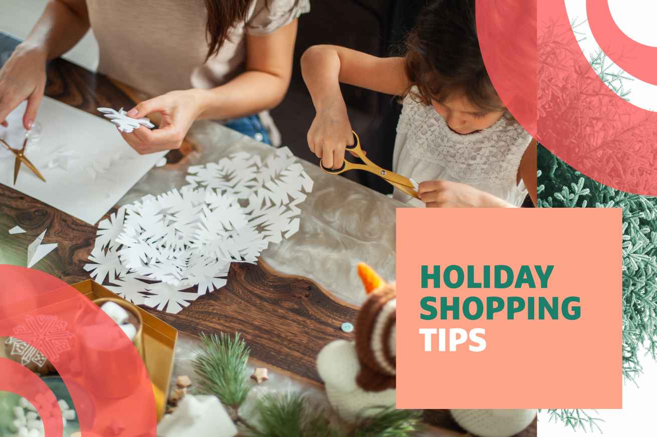 Two people create paper snowflakes with scissors with "Holiday Shopping Tips" text overlayed