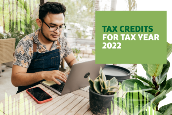 Man sits at a table typing at a laptop with "tax credits for tax year 2022" text overlayed