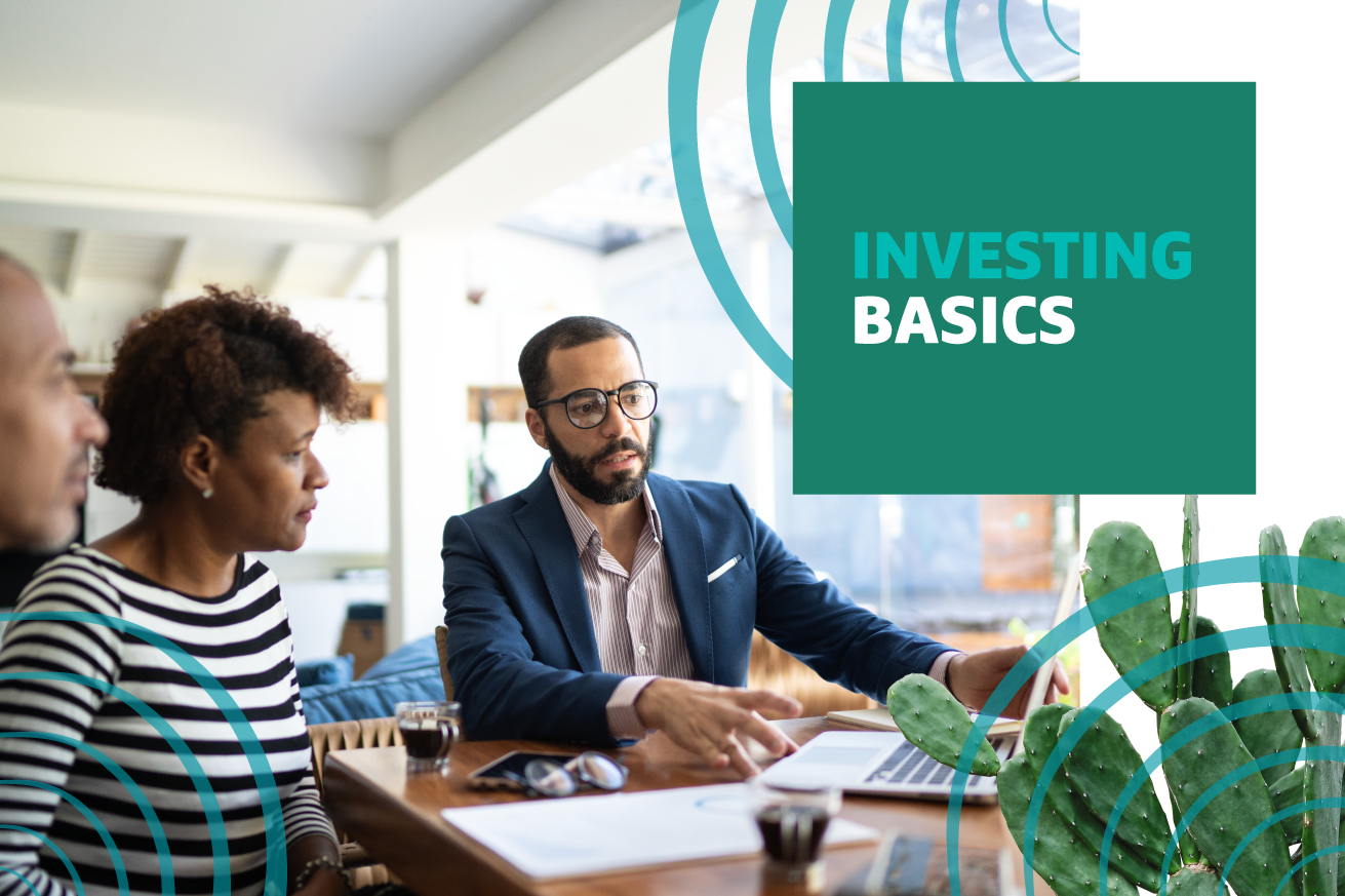 Three people sit around a table looking at a laptop with "Investing Basics" text overlayed.