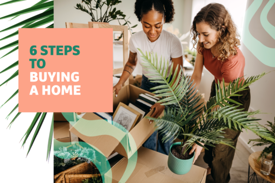 Two women smile while unpacking a moving box with "6 Steps to Buying a Home text" on the top left.