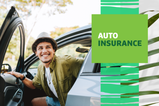 A person smiling while sitting in a car with the door open, next to a graphic with the text "AUTO INSURANCE" on a green background.