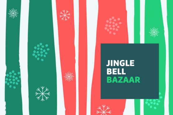 Green and red striped graphic with white snowflakes and "Jingle Bell Bazaar" text.