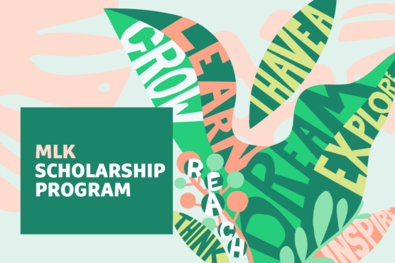 Multi-color pastels plant graphic with inspirational messaging in leaves: think, reach, grow, learn, I have a dream, explore, inspire, with headline MLK Scholarship Program.